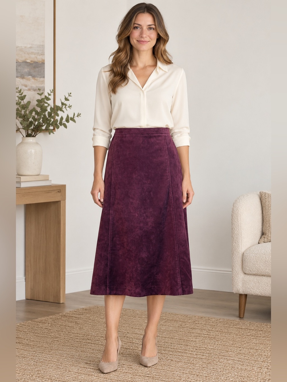 Calvin Klein Size 8 Burgundy Faux Suede A-Line Midi Skirt Lined